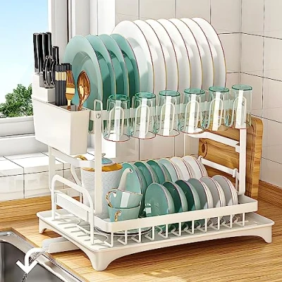 Imagen de Frasheng escurridor de platos 2 niveles, secador platos, drenaje automático, soporte para tabla cortar, cubiertos y goteo