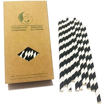 Imagen de pajitas de papel a rayas negras, coloridas 100 unidades (rayas negras), duraderas y biodegradables