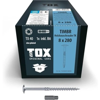 Imagen de TOX Tornillos para construcción de madera TIMBR TK 8,0 x 280 mm, galvanizados en azul con cabeza disco, TX40, 50 unidades por caja, incl. 1x broca, 1120804180280