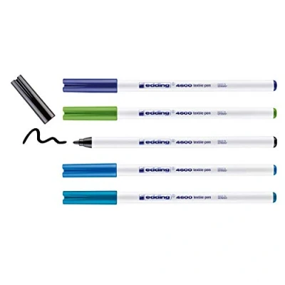 Imagen de edding 4600 rotulador textil negro, azul, azul claro, verde oriental juego de 5 punta redonda 1 mm rotuladores textiles permanentes, resistentes a lavados hasta 60 C