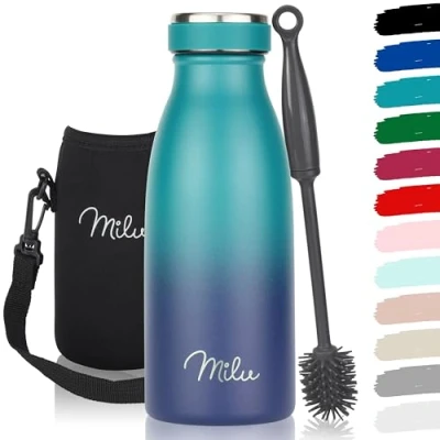 Imagen de Milu botella de acero inoxidable 350ml 500ml 750 ml 1 L 1,5 agua aislada, termo a prueba fugas, doble pared, apta para ácido carbónico + cepillo limpieza (Azul Verde, 350ml)