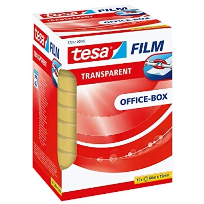 Imagen de tesa film transparente, Cinta Autoadhesiva Resistente al Paso del Tiempo y Rompimiento, de Oficina con Fuerte Adhesión, 66 m x 15 mm, 10 Piezas