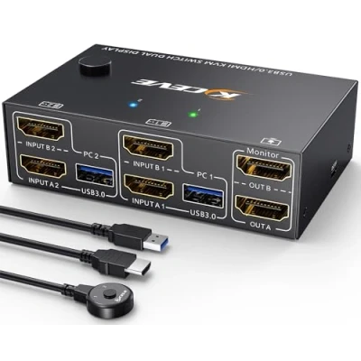 Imagen de Conmutador KVM USB3.0 2 PC monitores 4K@60Hz 2K@144Hz Simulación EDID, ESKEVE HDMI Switch para Comparte y 4 dispositivos USB3.0, con control remoto por cable cables USB