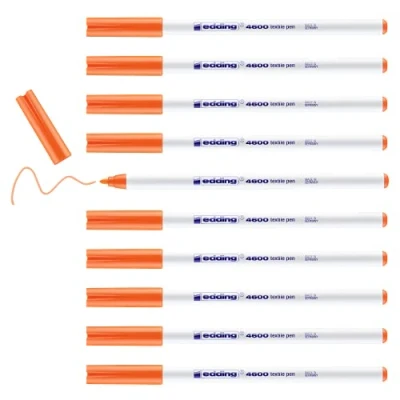 Imagen de edding 4600 rotulador textil naranja neón caja de 10 punta redonda 1 mm rotuladores textiles permanentes para dibujar en tejidos, resistentes a lavados hasta 60 C tela