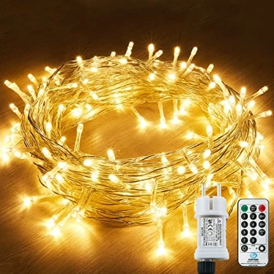 Imagen de Guirnaldas Luces Exterior, 12M 120 LED Cable Alimentación Navideño de Hadas con 8 Modos, Lmpermeable IP44 + IP65, Para árbol Navidad, Fiestas, Decoración Boda（blanco cálido）