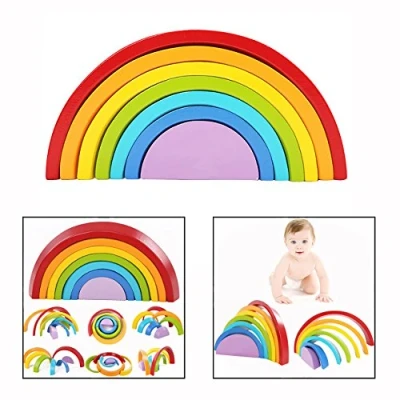 Imagen de Cisixin Arco Iris Madera, Puzzle Rompecabezas Geometría Bloques de construcción Juguetes educativos para niños bebé