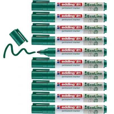 Imagen de edding 21 EcoLine marcador permanente verde 10 rotuladores punta redonda 1,5 3mm indeleble de secado rápido resistente al agua y los borrones cartón plástico madera metal tela universal