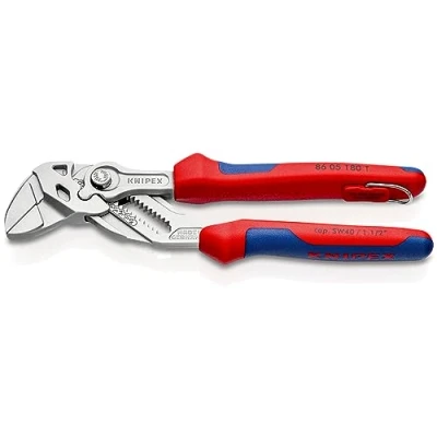 Imagen de Knipex Tenaza llave alicate y en una sola herramienta cromado, integrada para colocar un dispositivo de protección anticaídas 180 mm (cartulina autoservicio/blíster) 86 05 T BK