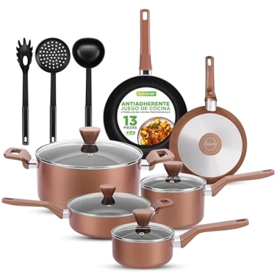 Imagen de Nutrichef bateria de cocina, 13 piezas, Tapas Antiadherentes, Resistentes al calor, Cacerola, Sartenes, Ollas, Cazuela, Cucharon, Tenedor y Colador, Color marron