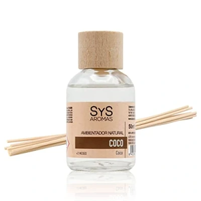 Imagen de Ambientador Mikado Coco 50ml SYS Aromas. Difusor de Varillas Perfumadas. con Palitos Ratán. Aroma Notas Dulces y afrutadas. Fragancia Duradera.