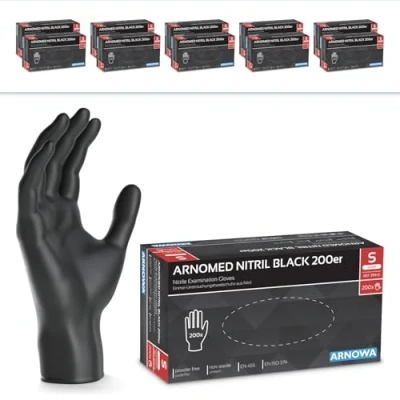 Imagen de ARNOMED guantes nitrilo negros talla S, 2000 unidades (10 cajas con 200 uds.), M, L, XL, desechables, guante desechable sin polvo, de goma látex