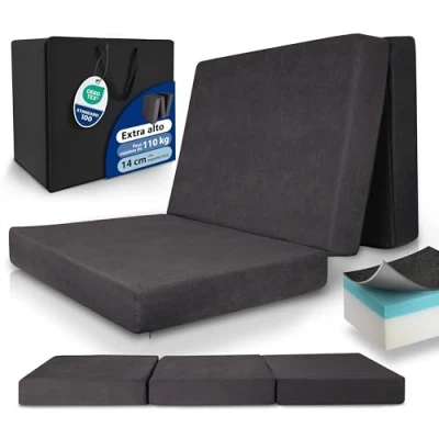 Imagen de Beautissu Premium colchón Plegable 100x200 cm Antracita para Invitados Extra Grueso 14 Espuma viscoelástica, firmeza H3 Gran Comodidad Dormir, Lavable Model XL