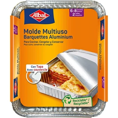Imagen de Albal Aluminio 32x26x5 Centímetros con Tapa Desechables Asar, Congelar y Conservar 6 8 Porciones 2 Moldes, 202567, 0, 1