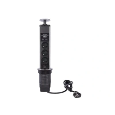 Imagen de Perel Bloque de Potencia múltiple grabable, 3 enchufes con Tierra Francesa (Tipo E), 2 Puertos USB, diámetro 71 mm, Uso Interior, Negro/Gris