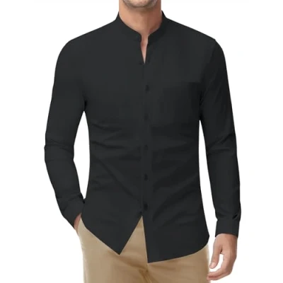 Imagen de DEMEANOR camisa elástica sin cuello para hombre, manga larga, de negocios, ajustada, planchado, alto, 1 negro, XL