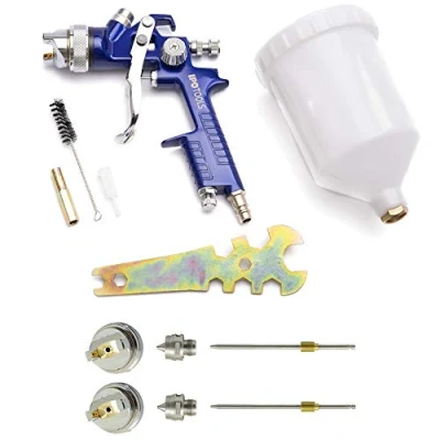Imagen de Pistola Pintura HVLP H 827P Sistema Profesional de con Vaso plástico 600 ml y Boquilla Acero Inoxidable 1,4mm + 2X Juego boquillas 1,7mm 2,0mm