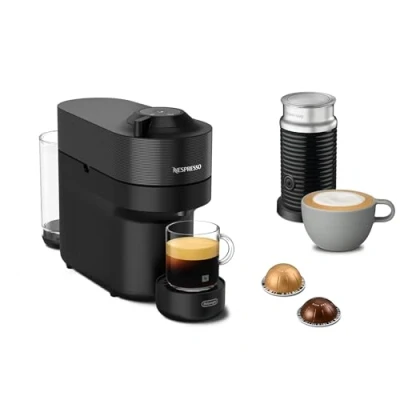 Imagen de Nespresso De&#039;Longhi ENV90.BAE Vertuo Pop Máquina de cápsulas café + espumador leche Aeroccino, 4 tamaños taza, tecnología centrifusión, paquete bienvenida incluido, 1260 W, color negro