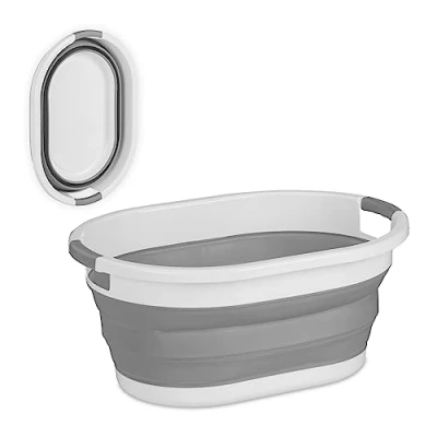 Imagen de Relaxdays Colada Plegable con Asas, Cubeta Lavado 22 l, Cesto Transporte Ropa, 24x53x38 cm, Gris y Blanco
