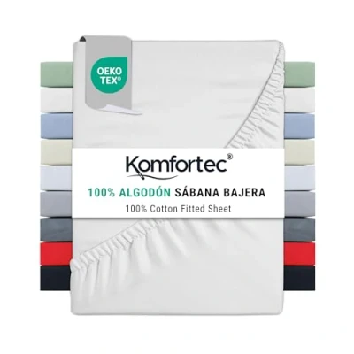 Imagen de Komfortec Sábana Bajera Ajustable (160 x 200 cm, 100% algodón), Color Blanco