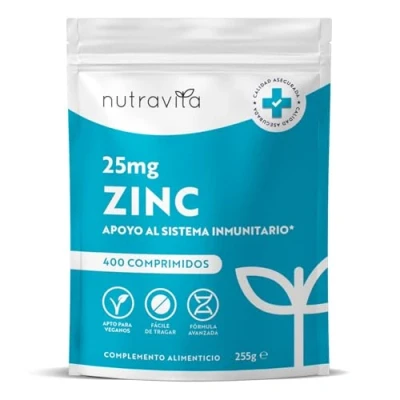 Imagen de Zinc 25mg Alta Dosis 400 Comprimidos Vegano Capsulas Alternativa Contribuye al Funcionamiento Normal de Sistema Inmunológico, Cabello, Piel, Uñas y Visión Gluconato Nutravita
