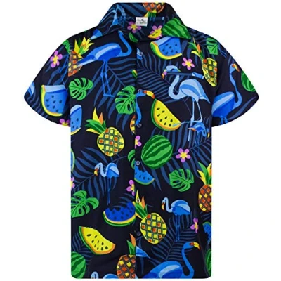 Imagen de King Kameha Funky Camisa Hawaiana, Manga Corta, Flamingo Melon, Azul Oscuro Flamencos, 6XL