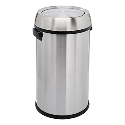Imagen de Amazon Basics Cubo de basura redonda acero inoxidable con tapa abierta 65 litros, Negro/Plateado