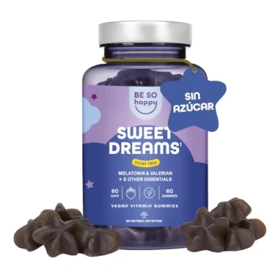 Imagen de Melatonina Gominolas. Gominolas Para Dormir. 1mg de Melatonina. Valeriana, Pasiflora y Manzanilla. Ayuda a Conciliar el Sueño Descansar Mejor. 60 Gummies Sabor Arándano. Vegano. BeSoHappy