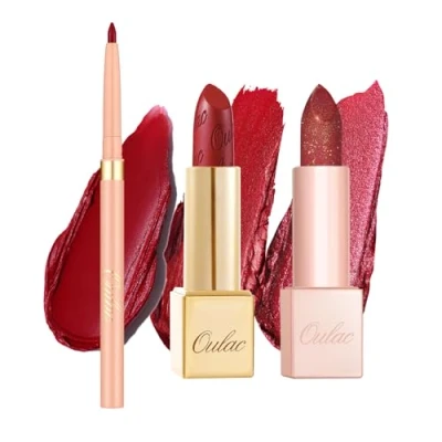 Imagen de OULAC Set de Pintalabios Rojo Brillo Metálico y Perfilador, Larga Duración, Barras Labios Alta Pigmentación Cobertura Total, Fórmula Cremosa e Hidratante, Vegan 3PCS