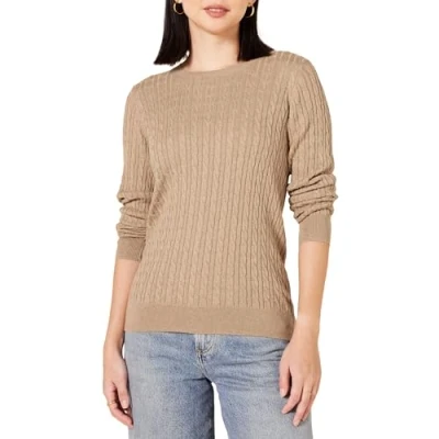 Imagen de Amazon Essentials Jersey de Cuello Redondo y Manga Larga en Ligero Punto Trenzado (Disponible Tallas Grandes) Mujer, Camel Mezcla, S
