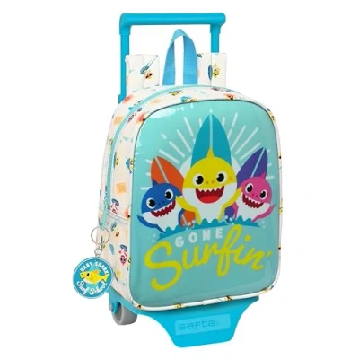 Imagen de BABY SHARK SURFING Mochila Escolar 232 con Carro 805, Fácil Limpieza, Ideal para Niños de Diferentes Edades, Cómoda y Versátil, Calidad Resistencia, 22x10x28 cm, Color Azul Blanco