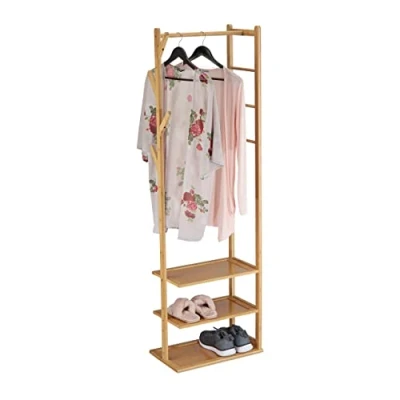 Imagen de Relaxdays Perchero Burro Bambú y MDF, Armario Recibidor con 3 Baldas, 4 Ganchos, Barra para Colgar, 164x49x28cm, Natural, Tablero de Fibras