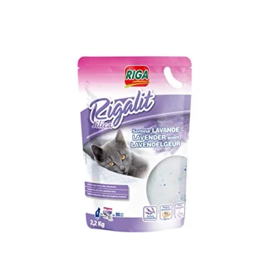 Imagen de Riga Rigalit Lavanda Arena para Gatos Hiperabsorbente de Origen Mineral Gel Sílice Absorbe los olores Desarrollo Antibacteriano 2,2 kg