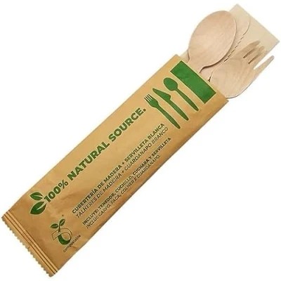 Imagen de Set de Cubiertos Madera Desechable; Tenedor, Cuchillo, Cuchara y Servilleta. Envueltos Individualmente. Biodegradables, Compostable. (200u.)