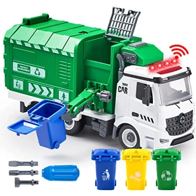 Imagen de JOYIN Juguetes de Camión Basura con fricción luz y Sonidos, 3 Botes Basura, Destornillador, para ensamblaje Bricolaje