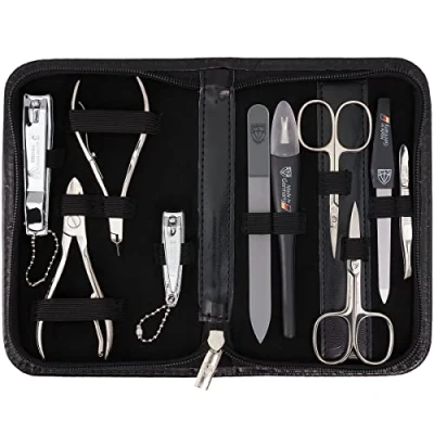 Imagen de DREI SCHWERTER Germany 10 piezas Set de manicura &#039;Spezia&#039; estuche uñas en piel sintética negra Contenido: tijeras para uñas, cutículas, alicates, pinzas, lima cristal