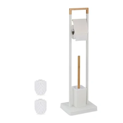 Imagen de Relaxdays Escobillero con Portarrollos de Baño y WC, Bambú Acero Inoxidable, Escobilla Recipiente, Blanco/Natural