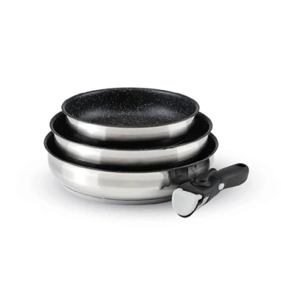 Imagen de Qdesign Juego de 4 utensilios cocina inducción 3 sartenes antiadherentes 20, 24 y 26 cm con mango extraíble Acero inoxidable Todas las fuentes calor Sin PFOA