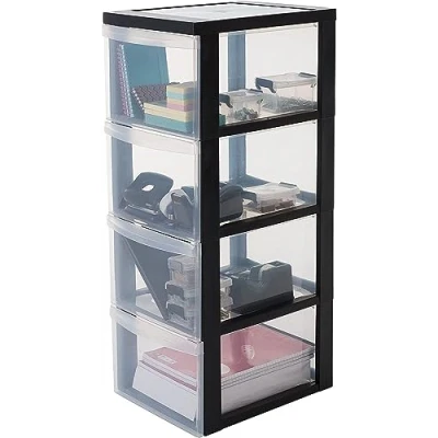 Imagen de Iris Ohyama Unidad de almacenamiento plástico con ruedas y 4 cajones profundos, Negro, asas fácil extracción, multiusos, A4, A5, para oficina, hogar, escuela, Torre, Organizador, DC 304