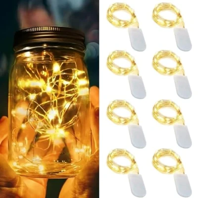 Imagen de xnfive Cadena de Luces con Pilas, 8pcs 1M 10 LEDs Guirnaldas Alambre Cobre IP65 Impermeable para Interior Exterior Navidad Boda Fiesta Hogar Jardín Decorativas(8pcs Blanco cálido)