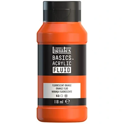 Imagen de Liquitex Basics Fluid Pintura acrílica de consistencia fluida, secado rápido, resistente a la luz, impermeable, acabado satinado permanente, bote 118 ml, naranja fluorescente