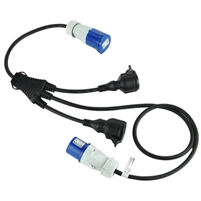 Imagen de Electraline 46152 Cable Alargador Prolongador Industrial 3 vías con 2 Tomas Schuko + 1 Enchufe CEE,Enchufe CEE, IP44, Goma H07RN F 3G1.5mm, Longitud 1.5M, Negro