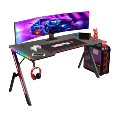 Imagen de Todeco Mesa Gaming 160cm x 60cm, Ergonómico Gamer con LED, Escritorio Tablero de Fibra Carbono, Portavasos y Gancho para Auriculares Alfombrilla ratón