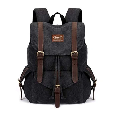 Imagen de KAUKKO Lona Mochila de Ocio Bolso del Ordenador portátil Colegial Bolsa Estudiante Paquete Deportes al Aire Libre para Hacer Senderismo/Viajar/Acampar (Negro)
