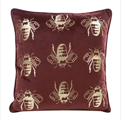 Imagen de Eurofirany Elegante Funda de cojín Terciopelo con Estampado 45 x cm, Terciopelo, Suave sofá, Abejas Doradas/Ribete Rojo