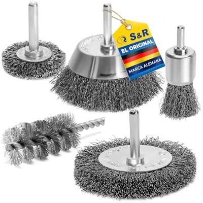 Imagen de S&amp;R Juego 5 Cepillos de Alambre para Taladro Metálicos en Acero Decapante Madera y Metal. Profesionales Pulir Lijar
