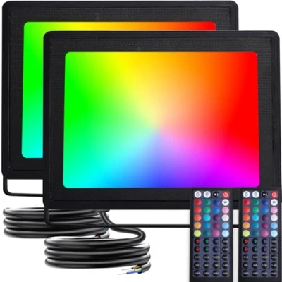 Imagen de Aigostar Foco LED RGB para exteriores de 50W,2 piezas,Foco color con control remoto,6 modos estroboscópicos,modo DIY,temporizador,regulables,IP65 a prueba agua jardín, fiesta, etc.
