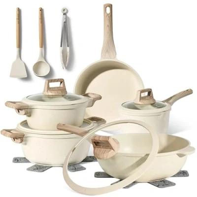Imagen de Just Perfecto Juego de Ollas y Sartenes Cocina Antiadherentes 14 Piezas, Batería Aluminio, para Todas las Cocinas, Incluso Inducción, con Tapas (Biege)