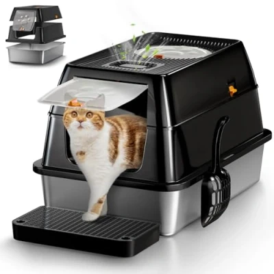 Imagen de Caja de Arena para Gatos XXL Acero Inoxidable, Abierta con Pala Metal, Alfombrilla Doble Capa, Borde Alto, Grande Grandes Negro