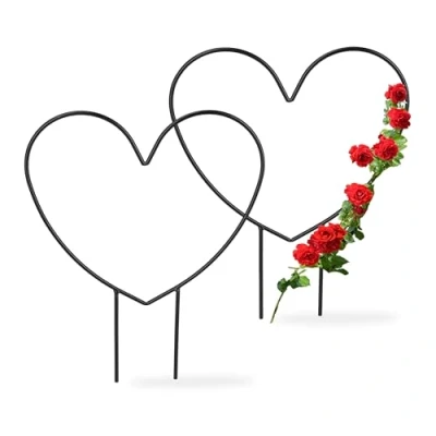 Imagen de Relaxdays Juego Enredaderas Pack 2 Tutores para Plantas, Forma de Corazón, Soportes Trepadoras, Metal, Macetas, 32x25x0,5 cm, Negro, Acero