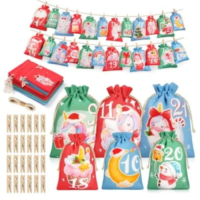 Imagen de Edonkvi Calendario Adviento para Rellenar 24 Piezas，Calendario de Rellenable 2024，Bolsas DIY Decoración Navideña，Calendario Tela Rellenar, Unicornio